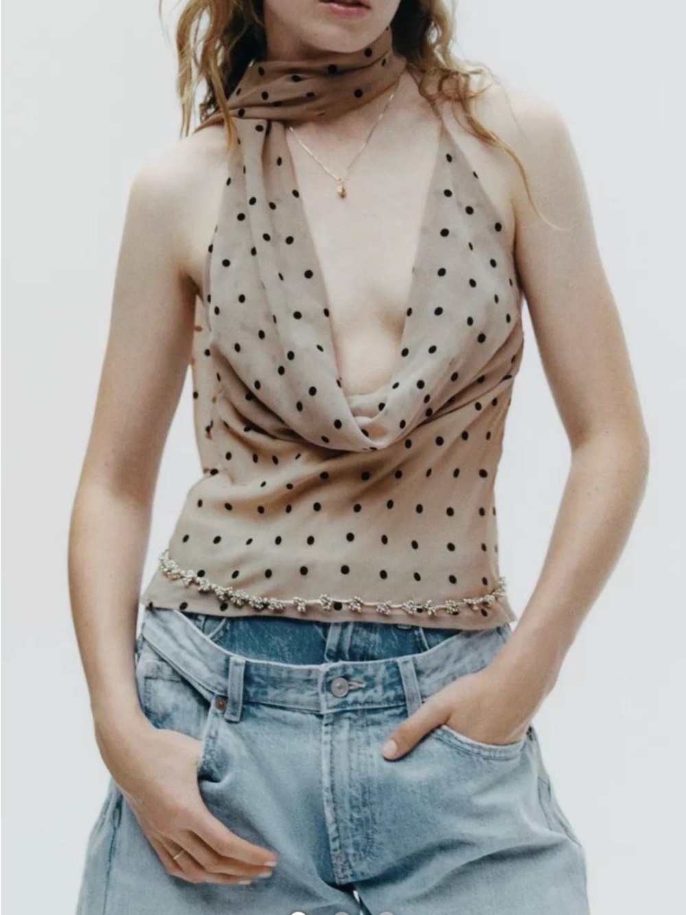 Zara Sleeveless Polka Dot Cowl Neck Tank Top in Beige